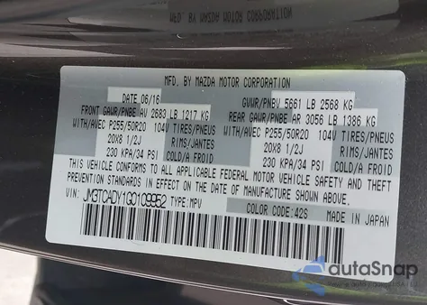 2016 Mazda Cx-9 Grand Touring из США, поврежденный, VIN JM3TCADY1G0109952